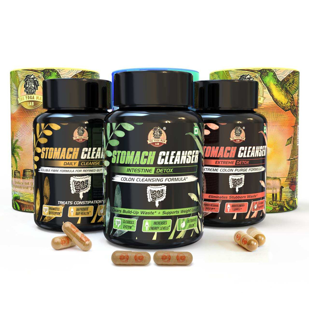 YogaManLab® STOMACH CLEANSER KIT- Extreme Purge + Intestine Detox + Daily Fiber Cleanse (3 Ayurvedic Supplements) | Probiotic Soluble Fiber Formula For Smooth Bowel Movement | 100% Natural