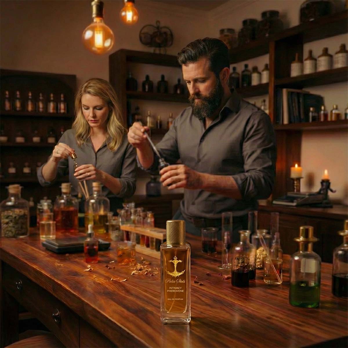 Two people in a bar setting with various bottles and glasses on a wooden counter.