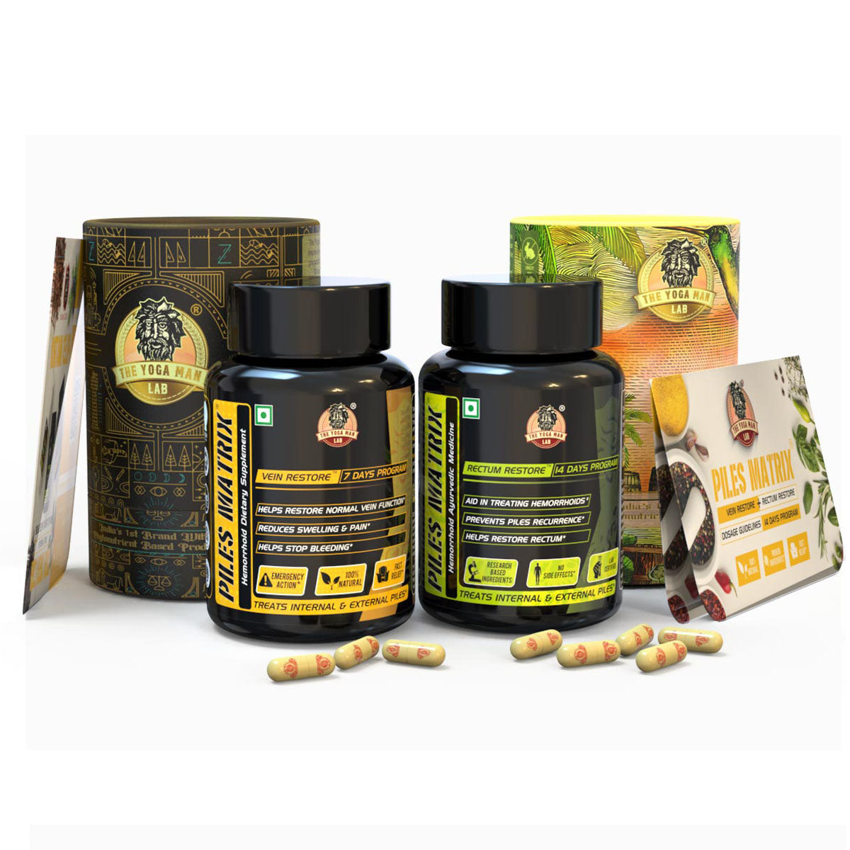 YogaManLab® PILES MATRIX - Ayurvedic Medicines for Piles Home Treatment | With Capsules, Lepam & Diet Booklet | Relives Pain & Itching, Shrinks Mass, & Treats Constipation | 100% Natural