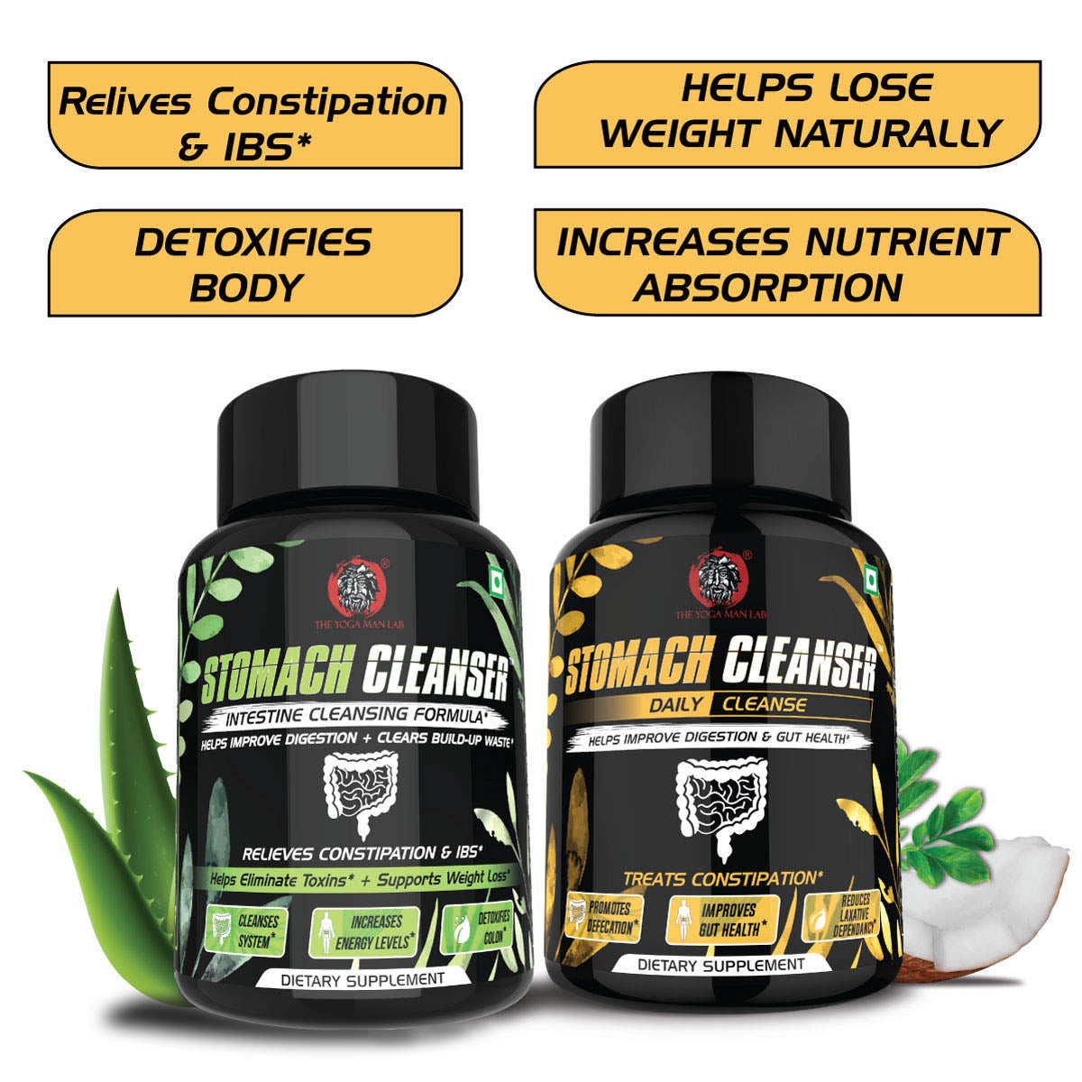 STOMACH CLEANSER KIT- Intestine Detox + Daily Fiber Cleanse (2 Ayurvedic Supplements) | Probiotic Soluble Fiber Combo For Instant Colon Detox & Daily Bowel Movement | 100% Natural Health Care > Gut Health > Colon Detox > Supplement > Ayurvedic Constipation, IBS & Bowel Treatment The Yoga Man Lab   